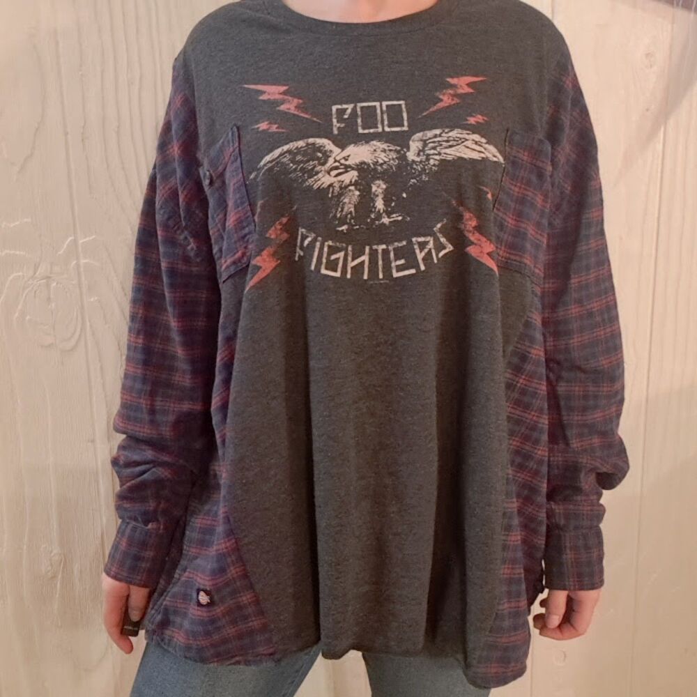 Reworked Foo Fighters Flannel Shirt 2013 Band Tee Upcycled Long Sleeve